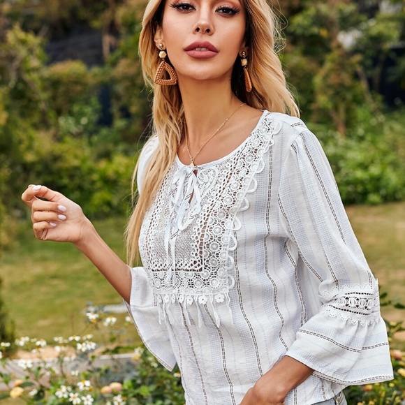 boho neck tie floral print 3/4 sleeve white top - Picture 2 of 5